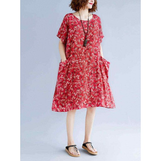 Floral Printed O-neck Knee-Length A-line Pockets Dress