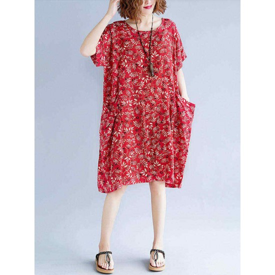 Floral Printed O-neck Knee-Length A-line Pockets Dress