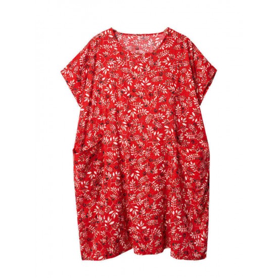 Floral Printed O-neck Knee-Length A-line Pockets Dress