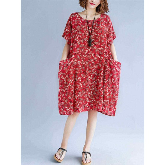 Floral Printed O-neck Knee-Length A-line Pockets Dress