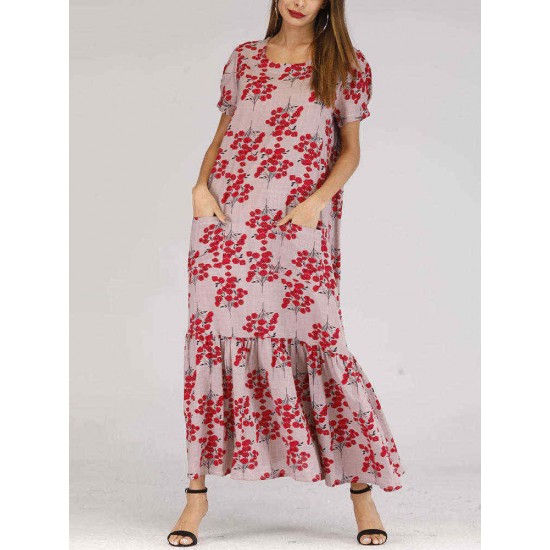 Holiday Floral Print Short Sleeve Pleated Long Dress