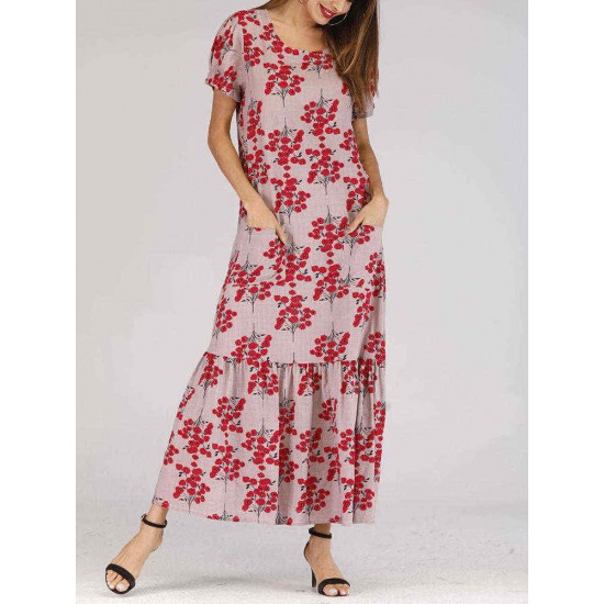 Holiday Floral Print Short Sleeve Pleated Long Dress