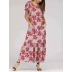 Holiday Floral Print Short Sleeve Pleated Long Dress