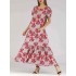 Holiday Floral Print Short Sleeve Pleated Long Dress