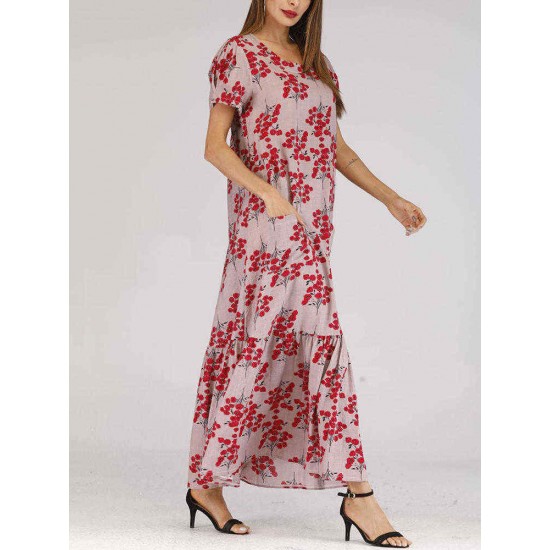 Holiday Floral Print Short Sleeve Pleated Long Dress