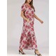 Holiday Floral Print Short Sleeve Pleated Long Dress