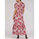 Holiday Floral Print Short Sleeve Pleated Long Dress