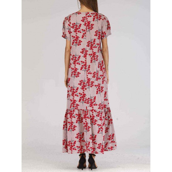 Holiday Floral Print Short Sleeve Pleated Long Dress