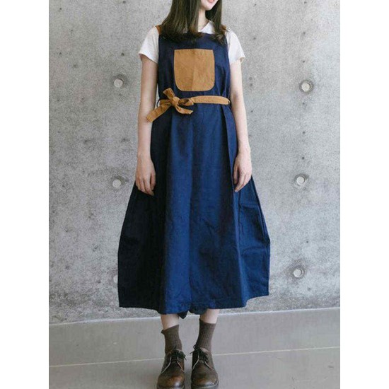 Japanese Style Adjustable Straps Pocket Cotton Apron Dress