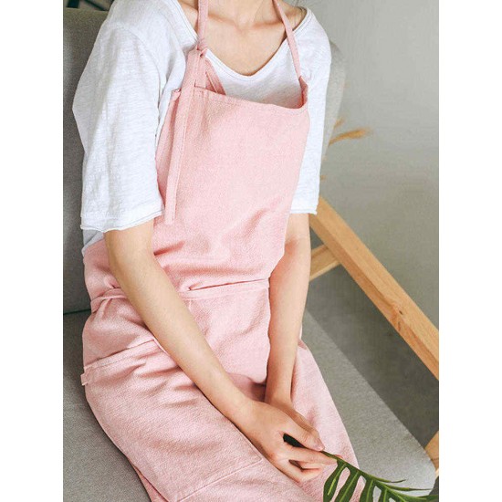 Japanese Style Brief Pure Color Cotton Linen Aprons with Side Pocket