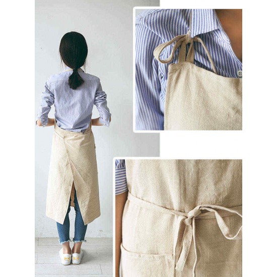 Japanese Style Brief Pure Color Cotton Linen Aprons with Side Pocket