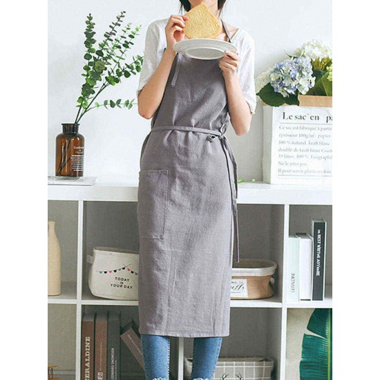 Japanese Style Brief Pure Color Cotton Linen Aprons with Side Pocket