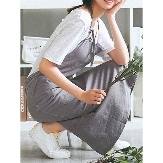 Japanese Style Brief Pure Color Cotton Linen Aprons with Side Pocket