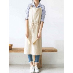 Japanese Style Brief Pure Color Cotton Linen Aprons with Side Pocket