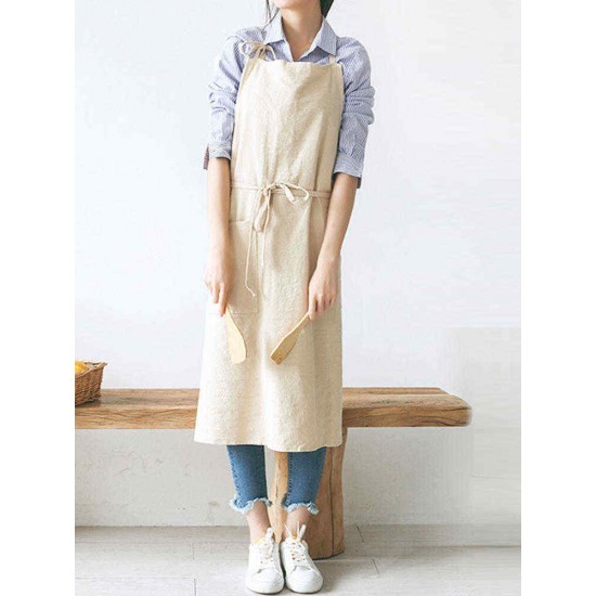 Japanese Style Brief Pure Color Cotton Linen Aprons with Side Pocket