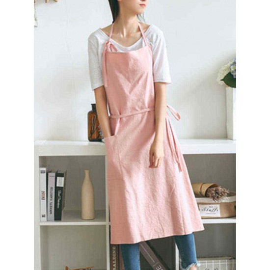 Japanese Style Brief Pure Color Cotton Linen Aprons with Side Pocket