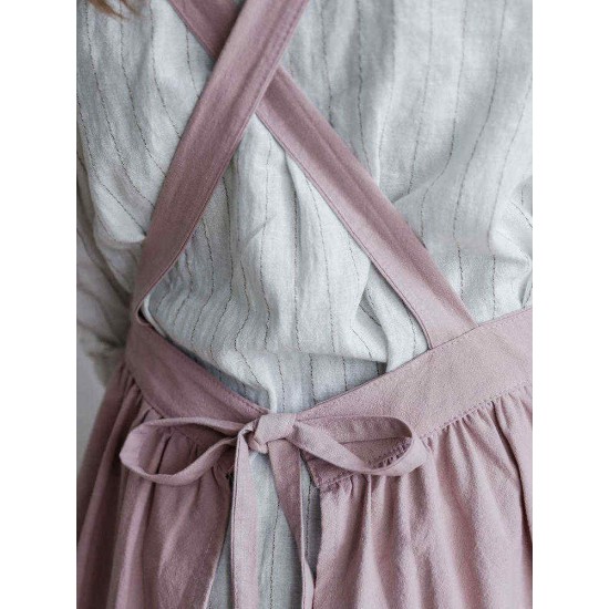 Japanese Style Cotton Linen Pure Color Crossback Crumpled Aprons Dress