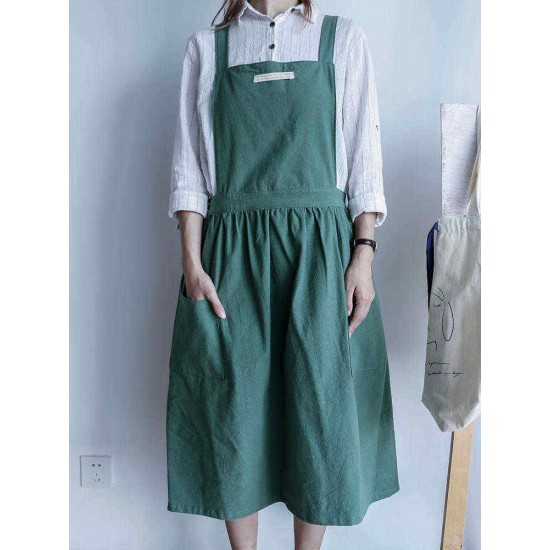 Japanese Style Cotton Linen Pure Color Crossback Crumpled Aprons Dress