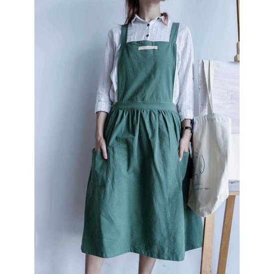 Japanese Style Cotton Linen Pure Color Crossback Crumpled Aprons Dress