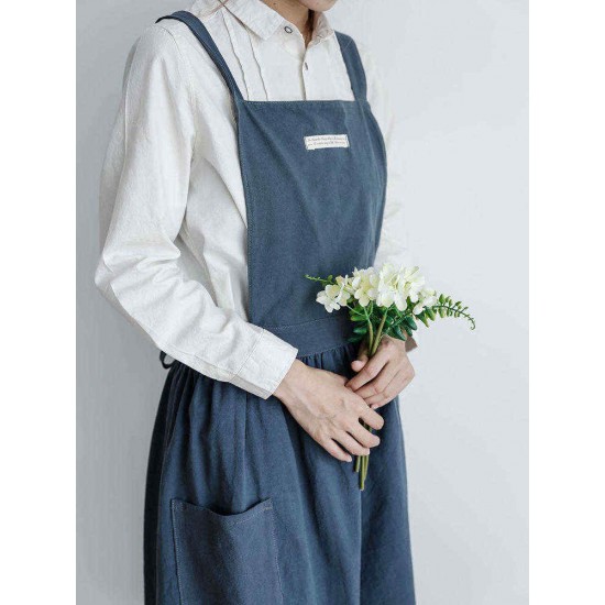 Japanese Style Cotton Linen Pure Color Crossback Crumpled Aprons Dress