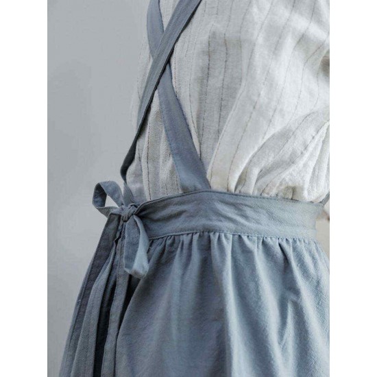 Japanese Style Cotton Linen Pure Color Crossback Crumpled Aprons Dress