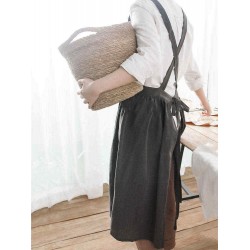 Japanese Style Retro Pure Color Cotton Linen Pleated Aprons Dress