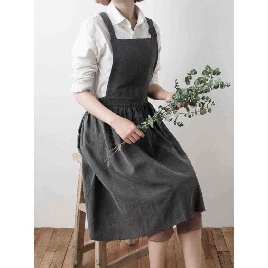 Japanese Style Retro Pure Color Cotton Linen Pleated Aprons Dress