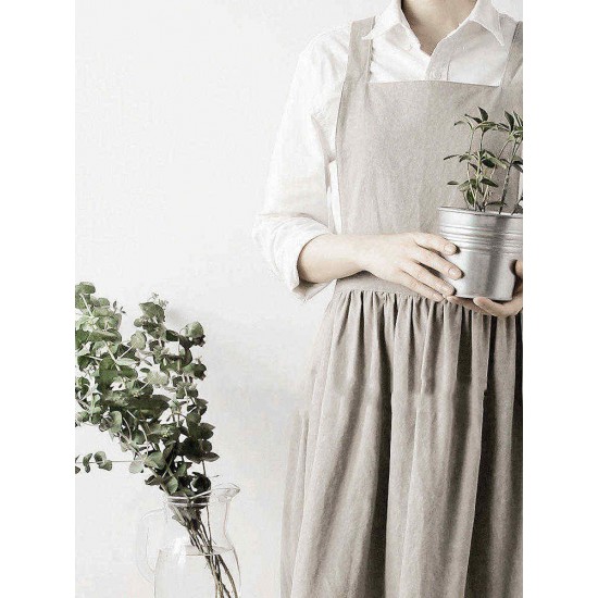 Japanese Style Retro Pure Color Cotton Linen Pleated Aprons Dress