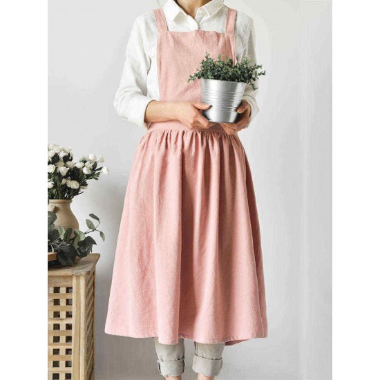 Japanese Style Retro Pure Color Cotton Linen Pleated Aprons Dress