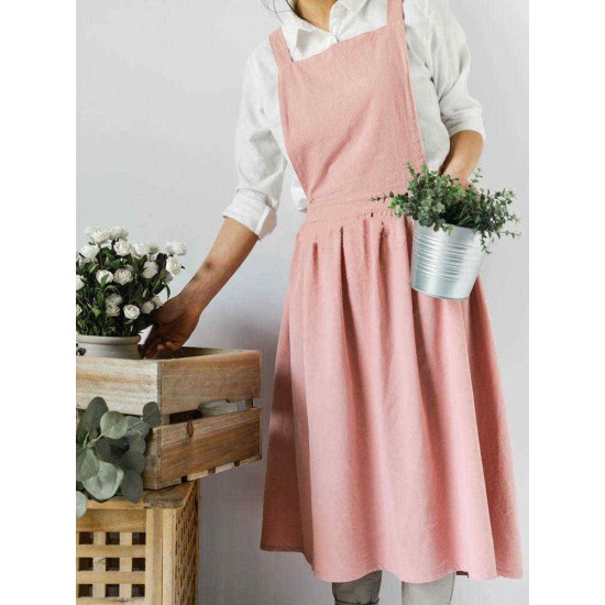 Japanese Style Retro Pure Color Cotton Linen Pleated Aprons Dress