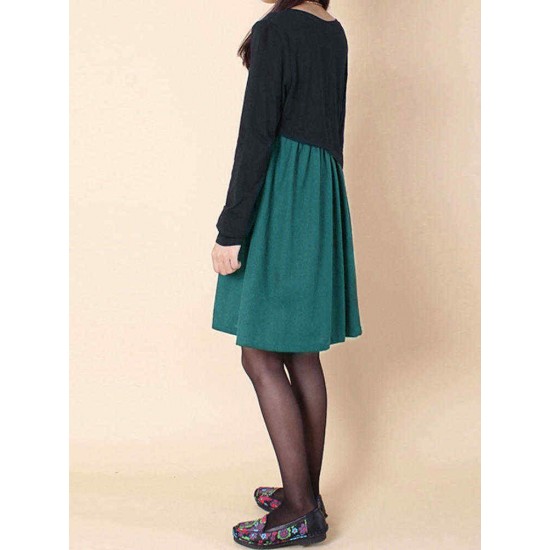 L-5XL Casual Women Color Contrast Drawstring Dress