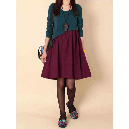 L-5XL Casual Women Color Contrast Drawstring Dress