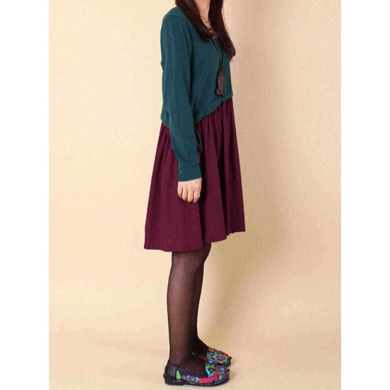 L-5XL Casual Women Color Contrast Drawstring Dress