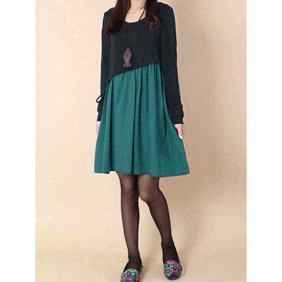 L-5XL Casual Women Color Contrast Drawstring Dress