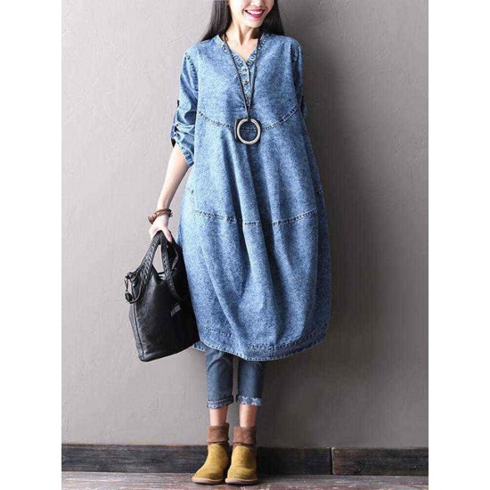 L-5XL Casual Women Imitation Denim Dress