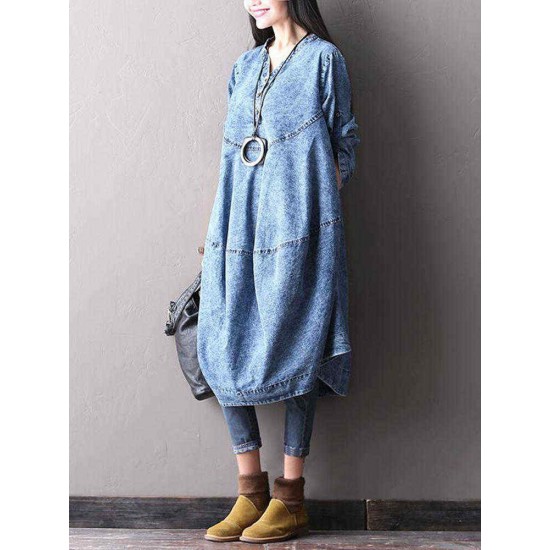 L-5XL Casual Women Imitation Denim Dress