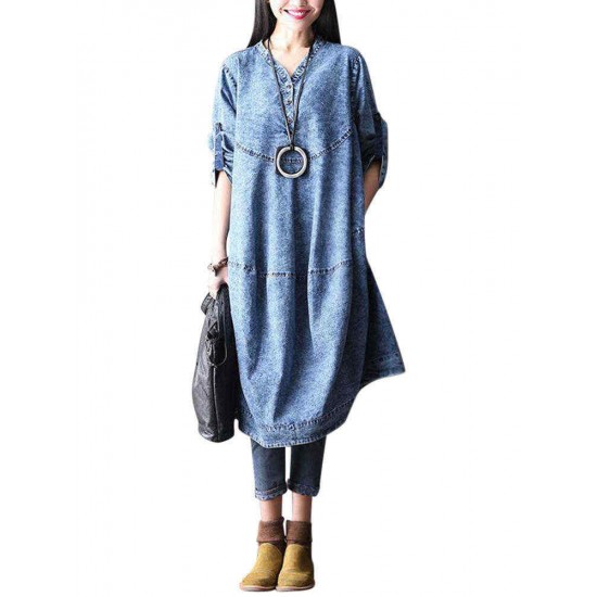 L-5XL Casual Women Imitation Denim Dress