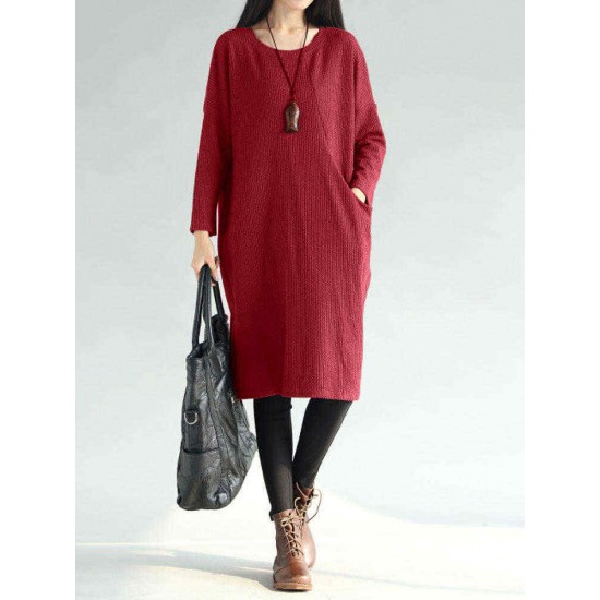 L-5XL Casual Women Pure Color Pockets Dress