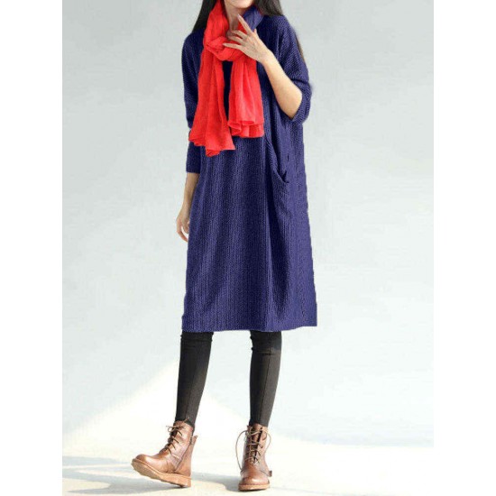 L-5XL Casual Women Pure Color Pockets Dress