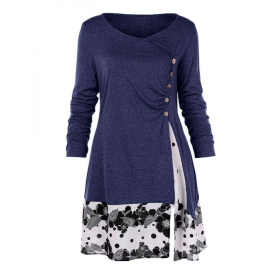 L-5XL Elegant Long Sleeve Floral Patchwork Mini Dress