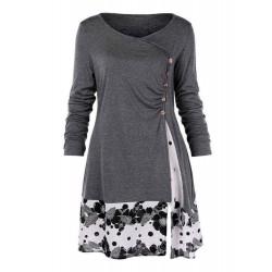 L-5XL Elegant Long Sleeve Floral Patchwork Mini Dress