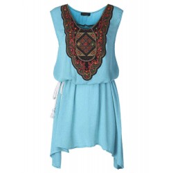 L-5XL Ethnic Style Women Embroidery Stitching High Low Mini Dress