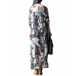 L-5XL Vintage Women Printed Double Layer O-Neck Maxi Dress