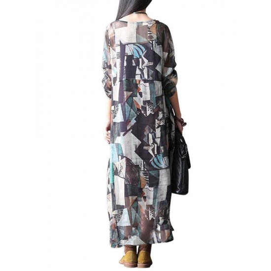 L-5XL Vintage Women Printed Double Layer O-Neck Maxi Dress