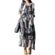 L-5XL Vintage Women Printed Double Layer O-Neck Maxi Dress