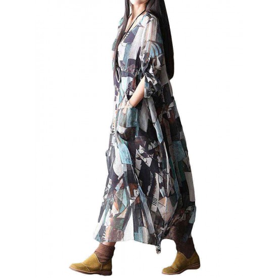 L-5XL Vintage Women Printed Double Layer O-Neck Maxi Dress