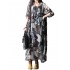 L-5XL Vintage Women Printed Double Layer O-Neck Maxi Dress