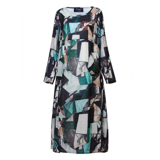 L-5XL Vintage Women Printed Double Layer O-Neck Maxi Dress