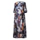 L-5XL Vintage Women Printed Double Layer O-Neck Maxi Dress