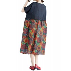 Large Size Women Floral Dress Batwing Sleeve Patchwork Dresses